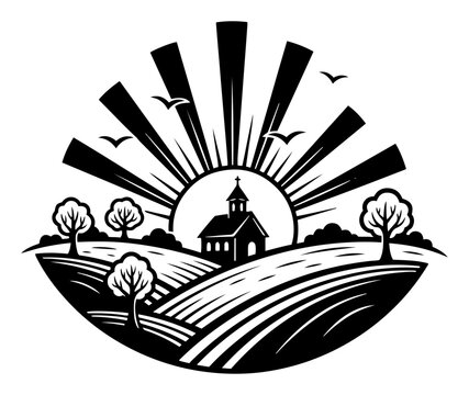 Circular landscape emblem featuring a church on a hill with sun rays and rolling farm fields