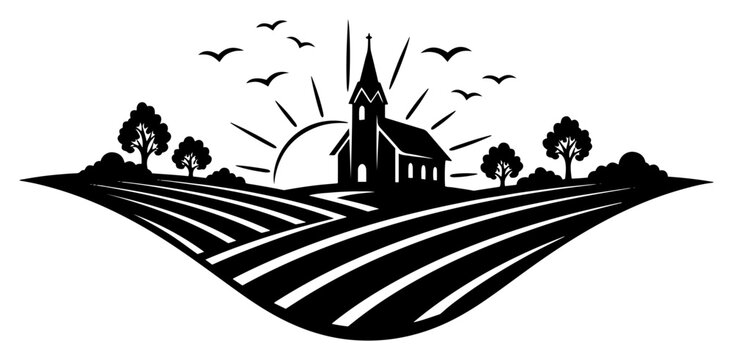 Peaceful rural landscape with a small church silhouette at sunrise under a bright sky with flying birds