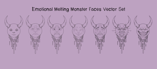 Emotional Melting Monster Faces Vector Set - Horned Creatures Expressing Diverse Feelings Line Art Collection