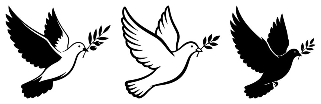 Set of three dove silhouettes carrying an olive branch as a symbol of peace