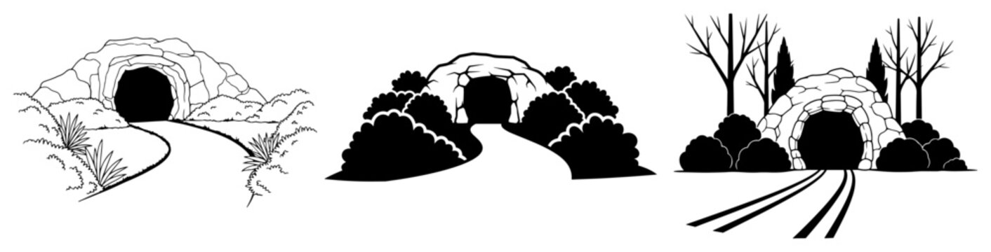 Set of three silhouettes showing a cave entrance with path for easter or nature designs