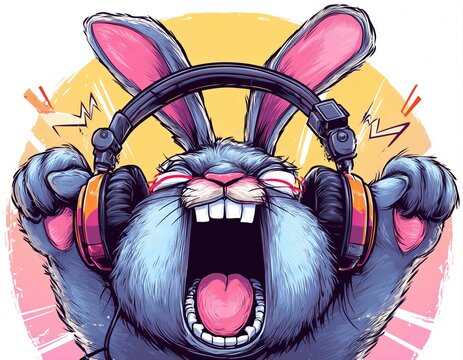 Un conejo azul con auriculares gritando con entusiasmo.