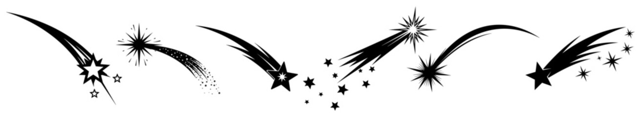 Horizontal set of shooting stars and falling comets with sparkling trails silhouette © Camel