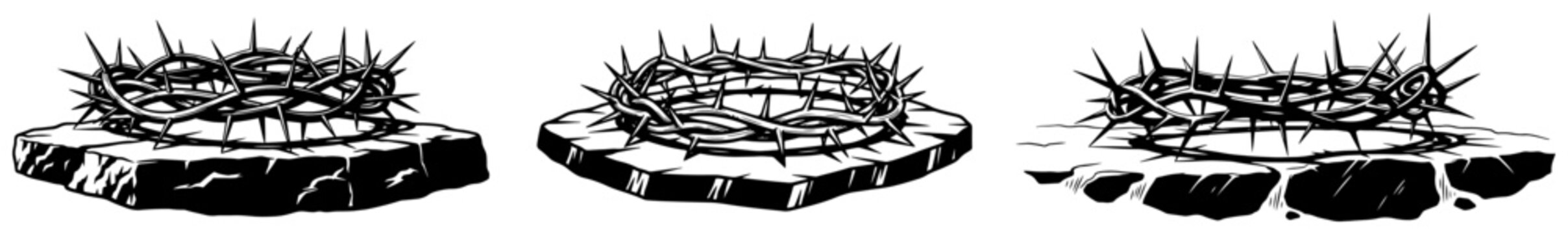 Three variations of the crown of thorns resting on a stone base representing the passion of Christ