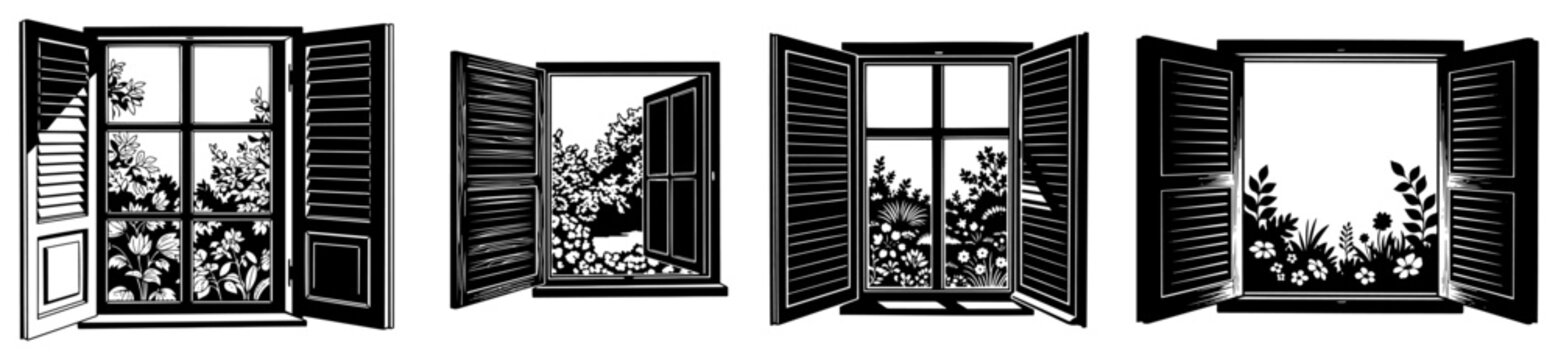Set of open windows with shutters looking out onto a beautiful flower garden