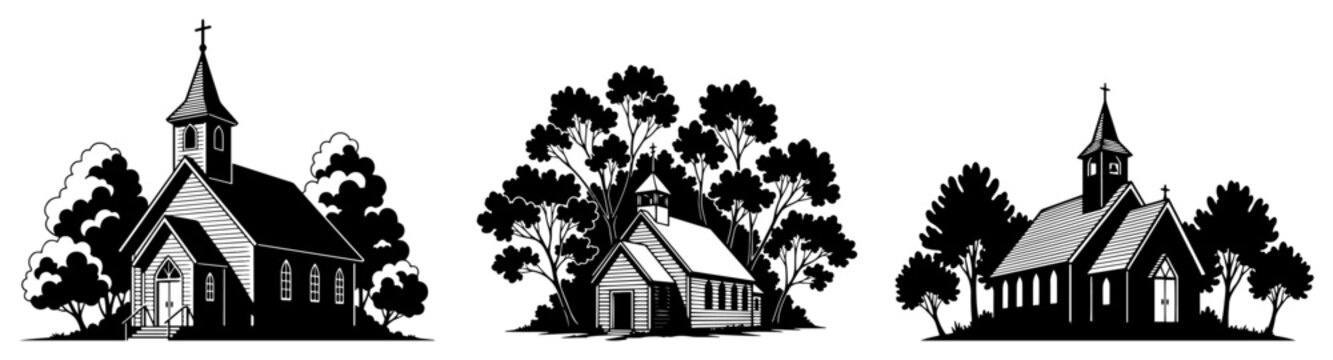 Set of three rustic church and chapel building silhouettes nestled among trees