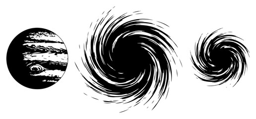 Collection of space elements featuring planet jupiter and swirling cosmic vortexes in black and white © Camel