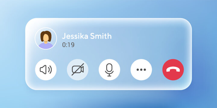 Liquid glass notification push on blue gradient background. Incoming call screen interface, push notification button. Audio call screen mockup with sound button, message and mic icons.