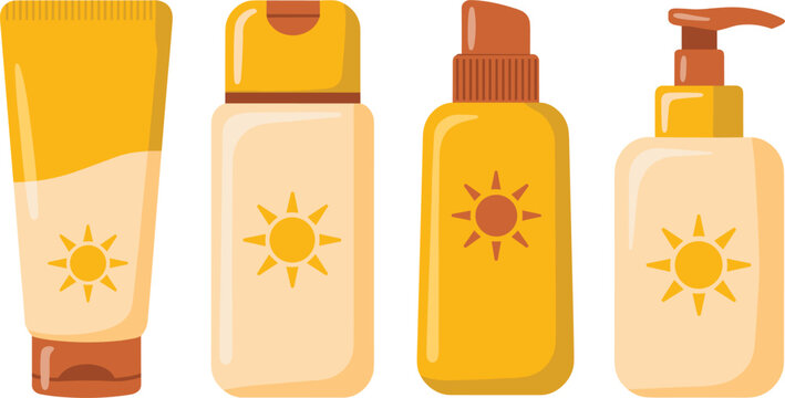 Sunscreen and Sunblock Packaging Vector Illustration Set Featuring Diverse Bottles Tubes and Pump Dispensers with Sun Icons