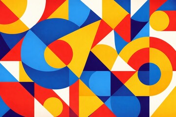 Obraz premium The artwork shows a mix of shapes in various colors as blue red yellow and white blend together in an abstract form