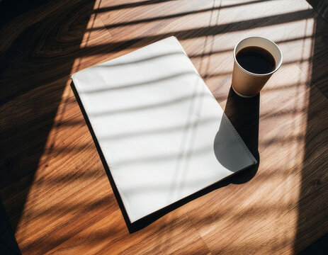 Aesthetic blank newspaper mockup with coffee cup and window blind shadows