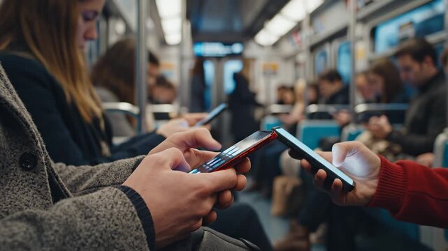 People using phones on subway