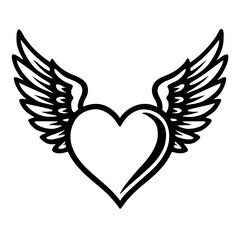 Fototapeta premium Elegant Heart with Wings Outline Vector Graphic: Symbolic Design for Love, Freedom, and Passion – Perfect for Tattoos, Apparel, Digital Art, and Valentine's Day Projects. High-Quality Black and White