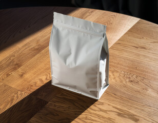 Stand up doypack pouch mockup for coffee or tea packaging on wood surface