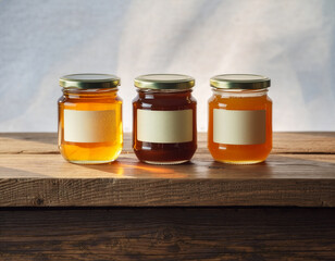 Three glass honey jars with blank labels on wooden table with sunlight shadows