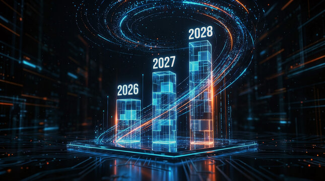 Futuristic digital bar chart showing financial growth forecast for 2026, 2027 and 2028, business analytics and technology concept