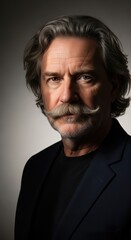 Fototapeta premium Mature caucasian male with gray hair and mustache in dark attire, confident expression, dramatic lighting