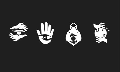 Fototapeta premium Mystical Esoteric Icons Set with Hands, Eyes, and Crystal Balls for Fortune Telling and Spirituality