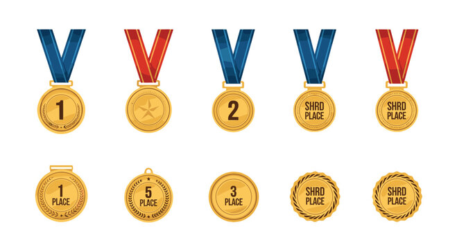 Collection of various golden award medals with blue and red ribbons including first second and third place designations.