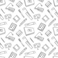 Seamless black and white pattern featuring school supplies and cartoon characters on a white background.