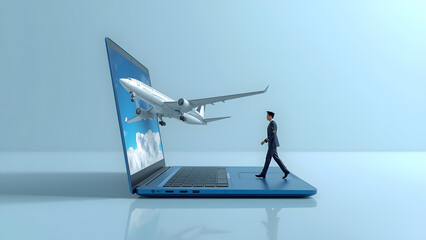 A surreal, high-detail conceptual image showing a large white commercial airliner with landing gear down emerging dynamically from the screen of an open blue laptop.