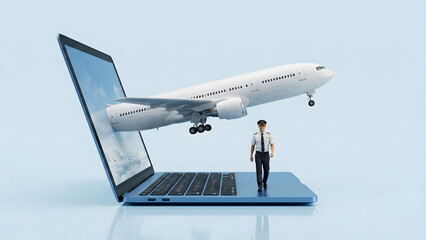 A surreal, high-detail conceptual image showing a large white commercial airliner with landing gear down emerging dynamically from the screen of an open blue laptop.