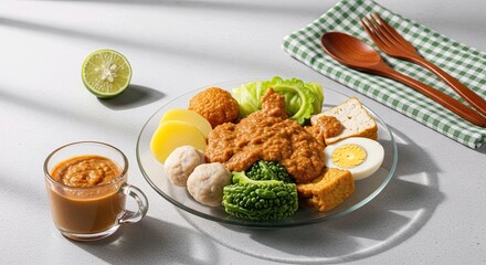 High-quality food photography of traditional Indonesian siomay served with rich peanut sauce on a clear glass plate. Includes tofu, dumplings, bitter melon, potatoes, boiled egg, and fresh lime.
