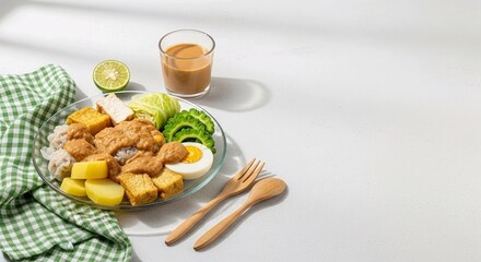 High-quality food photography of traditional Indonesian siomay served with rich peanut sauce on a clear glass plate. Includes tofu, dumplings, bitter melon, potatoes, boiled egg, and fresh lime.