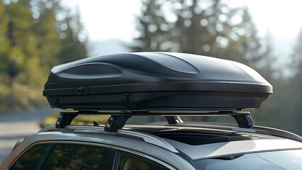 a matte black aerodynamic roof cargo box mounted on a silver car's roof rails