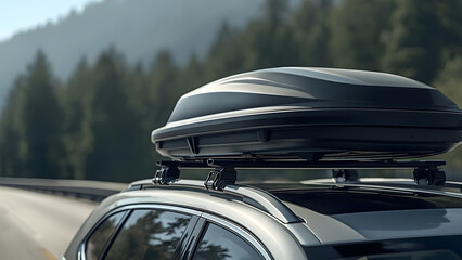a matte black aerodynamic roof cargo box mounted on a silver car's roof rails