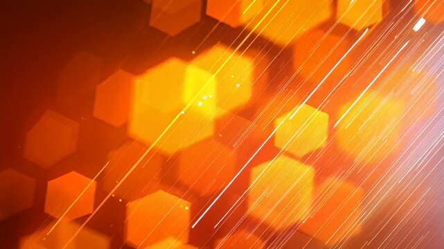 Vibrant orange hexagons with glowing light effects and dynamic lines.
