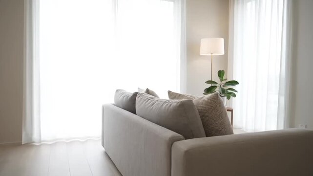 Modern Living Room Interior with Bright Natural Light and Comfortable Sofa.