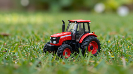 Obraz premium Red Toy Tractor On Green Grass Field With Blurred Background, Close-Up, Selective Focus