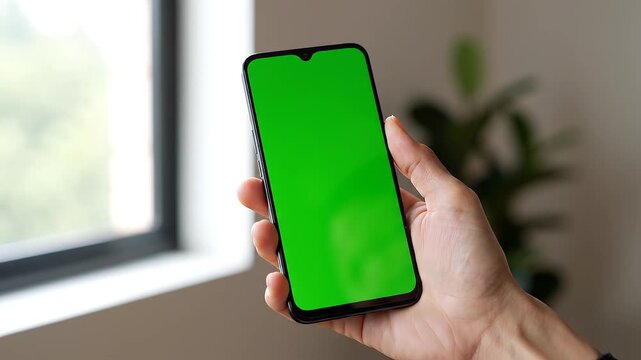 rofessional lifestyle footage of a person holding a vertical smartphone with a clean green screen display. Soft daylight from a nearby window, cozy indoor setting with neutral tones. 