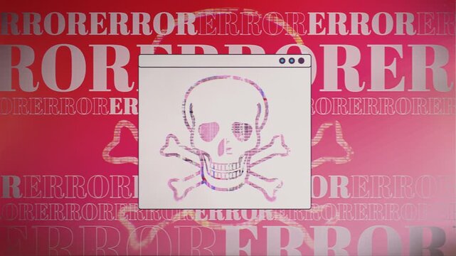 Glitch-styled skull and crossbones displayed in a software window against repeating error text, symbolizing malware threats, system failure, cybersecurity risk, hacking, and digital danger concepts