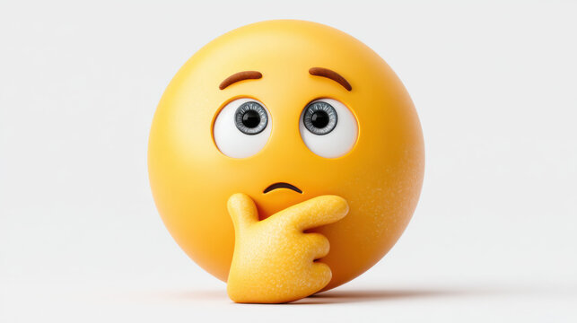 A 3D rendered yellow thinking emoji features a small hand resting on chin.