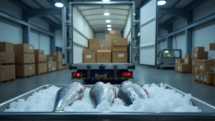 spacious warehouse, a white refrigerated truck is parked