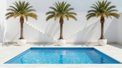 Fototapeta premium Tropical Backyard With Palm Trees And A Modern Swimming Pool Under Bright Sunlight