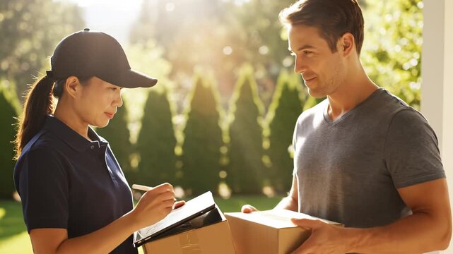 Delivery person interacting with recipient