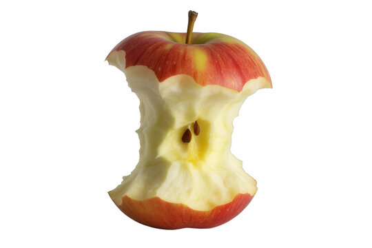 Bitten red apple with exposed core and seeds on black isolated on a transparent background