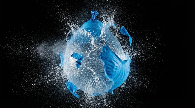 High speed photography of blue water balloon bursting splash