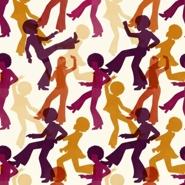 A vibrant retro pattern of disco dancers in silhouette, capturing the energy of the 1970s dance floor with bold colors and dynamic poses.
