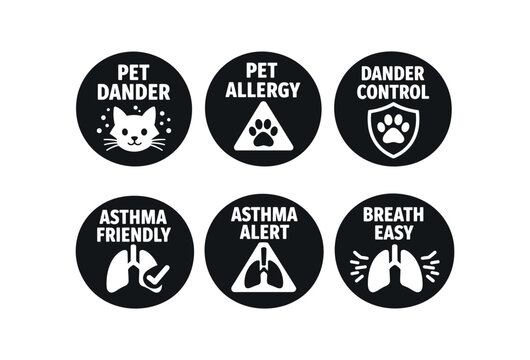 six separate flat vector badges badge solid black circle with the text consistent style and size badge texts and : PET DANDER cat particles icon PET ALLERGY paw alert triangle icon DANDER