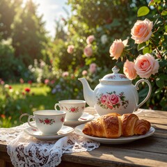 Fototapeta premium Teestunde im Garten mit Rosen & Croissants
