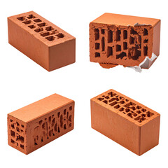 Four views of red clay bricks, partially broken