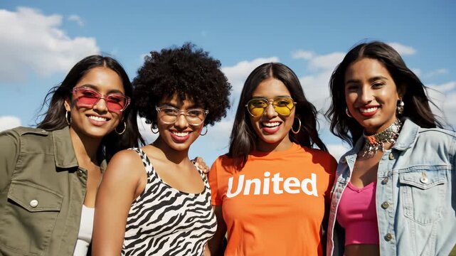 Four women posing outdoors in colorful outfits