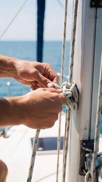 Hands pulling rope on sailboat mast at sea. Sailing rigging closeup. Summer travel on yacht. Nautical adventure outdoors. Marine leisure.