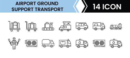 Outline Airport Ground Support Transport Icon Set 14 in Line Art Style for Aviation, Ground Handling, Logistics, and Digital Interface Design © Rakib