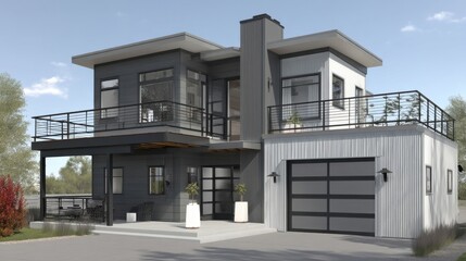 Fototapeta premium Modern two story residential house with dark gray siding, white paneling, flat roof, metal beams, balconies,
