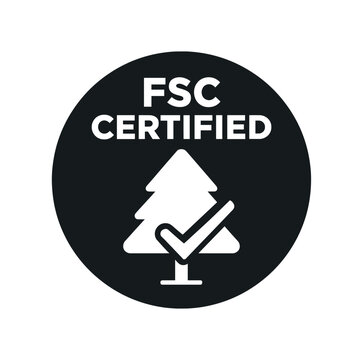 Flat vector badge FSC CERTIFIED simple white tree with checkmark